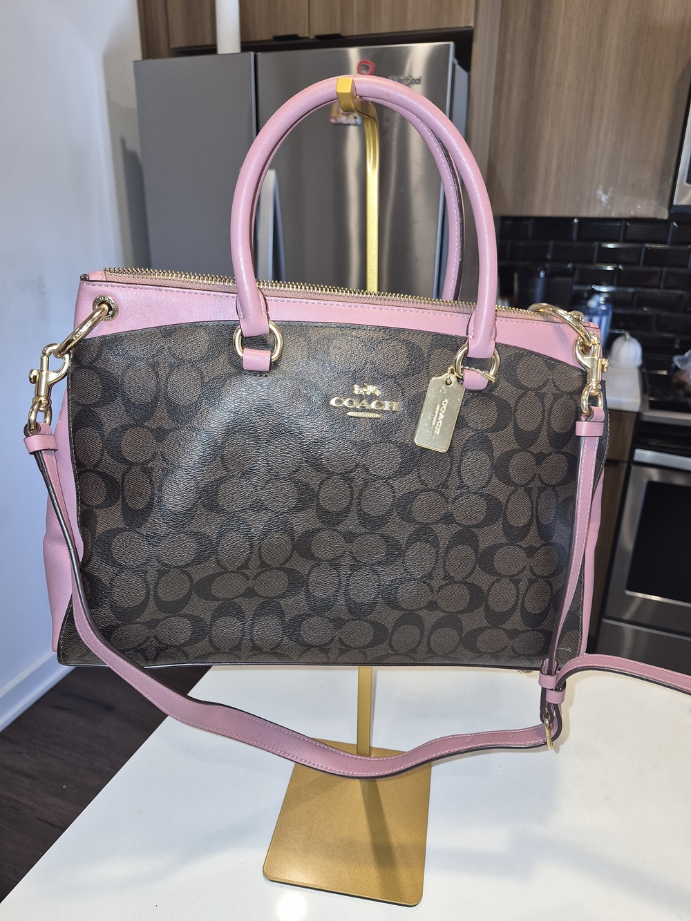 Coach Brown Signature Satchel with Pink Trim
